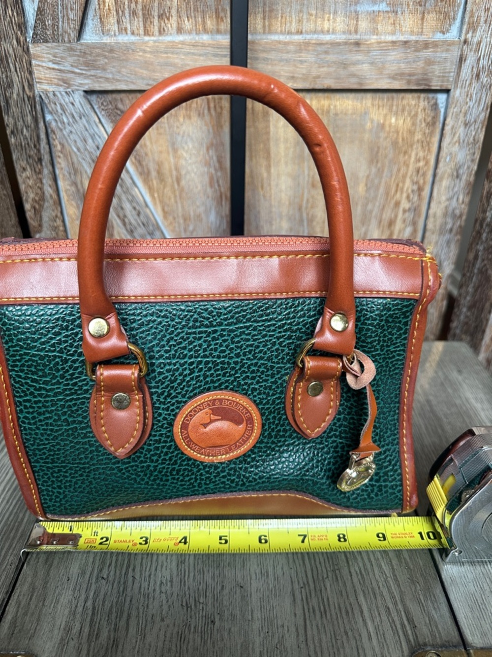 Dooney & Bourke Vintage Green and Brown Pebbled Leather Satchel Tote Handbag - Picture 13 of 14
